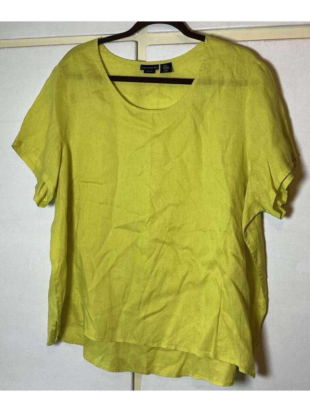 Tahari 100% Linen Shirt Women's 2X XXL Yellow Short Sleeve Blouse Plus Size